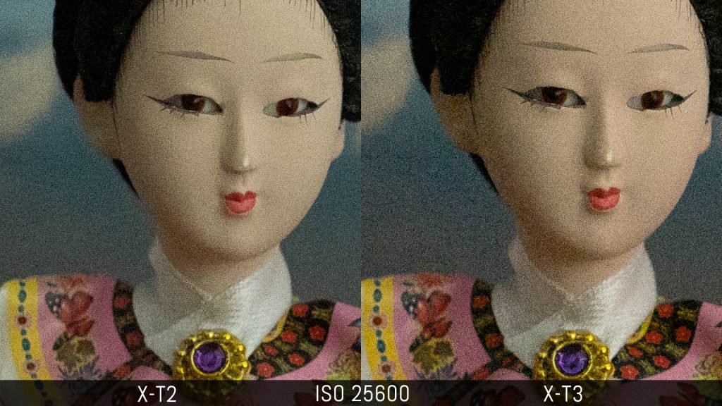 side by side image of a doll, showing the quality of the two cameras at ISO 25600