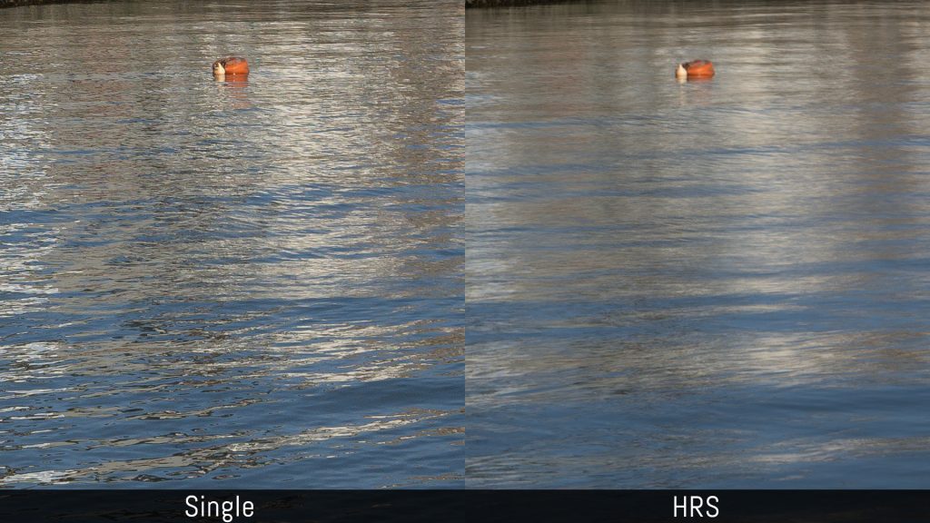 Crop comparing movement on the water with the single mode and high res shot mode