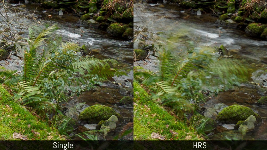 A crop of the moving water in the brook comparing the single shot mode and high res shot mode