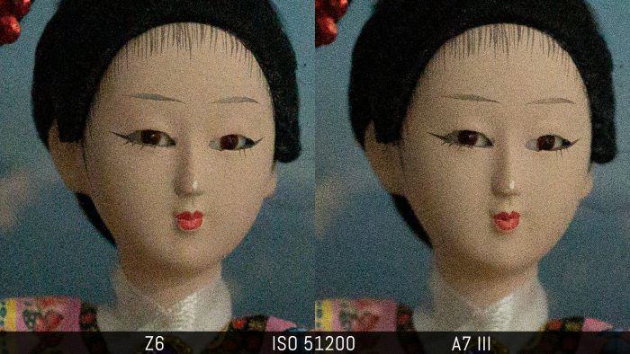 side by side crop of an image shot at ISO 51200, showing the difference in noise level with the RAW files