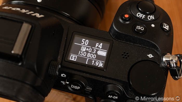Close-up on the Nikon Z6, showing the top lcd screen