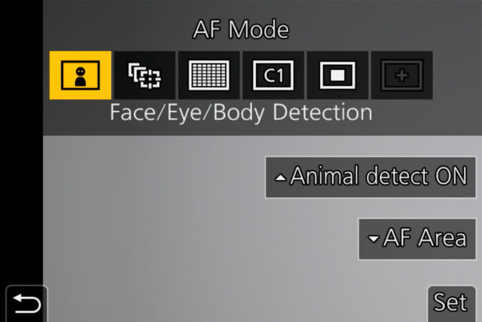 The Face / Eye / Body detection option in the AF mode menu