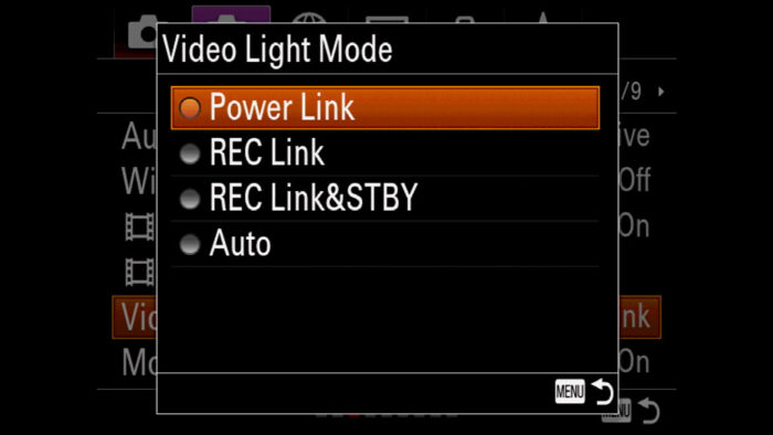 The Video Light Mode menu