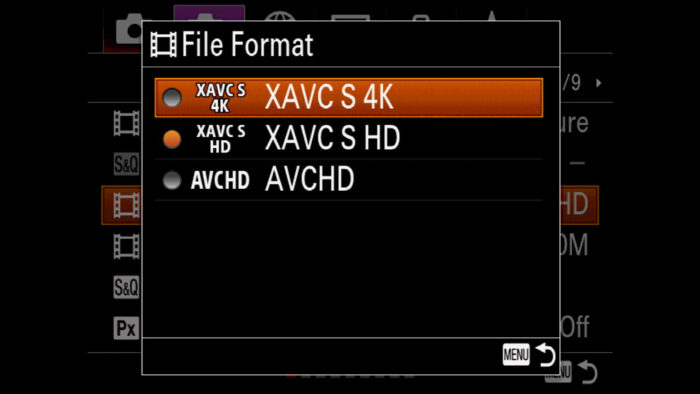 File format menu on the Sony A7 series