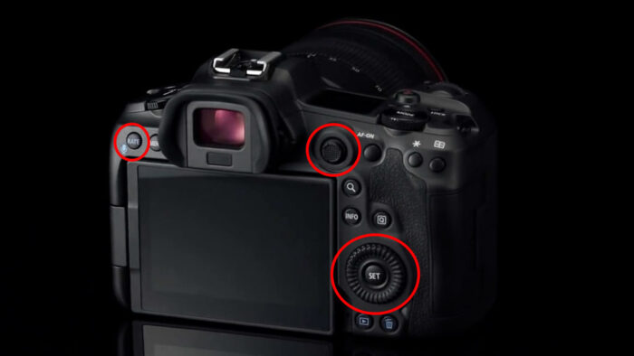 An AF joystick and no touch bar on the rear of the EOS R5