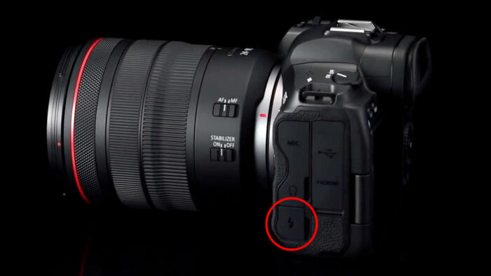 The flash sync port on the EOS R5