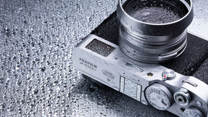 The X100V covered in water droplets