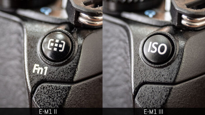 The location of the Fn1 button on the E-M1 II and ISO button on the E-M1 III