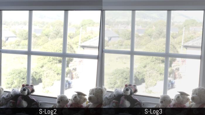Two shots of a window comparing S-Log2 and S-Log3