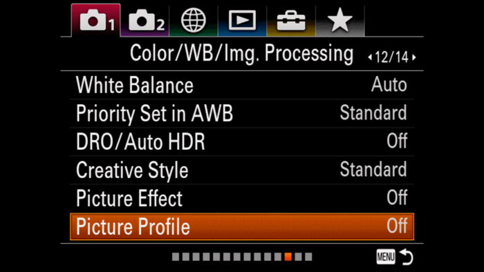 The location of Picture Profile sub menu in the Sony menu