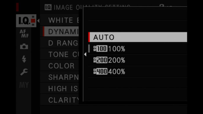 The dynamic range menu on the X-T4