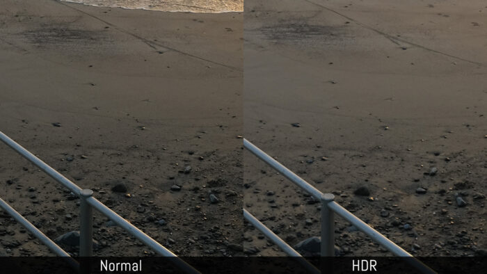 Comparison of the loss in sharpness in a landscape scene between a normal image and an HDR image