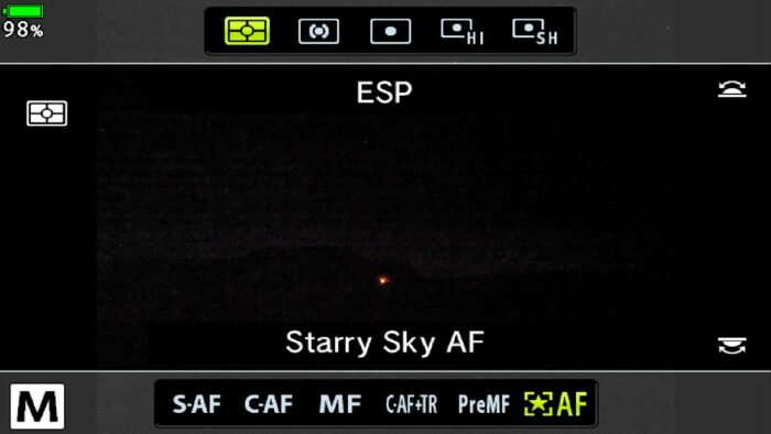 screenshot from the camera menu showing the Starry Sky AF setting