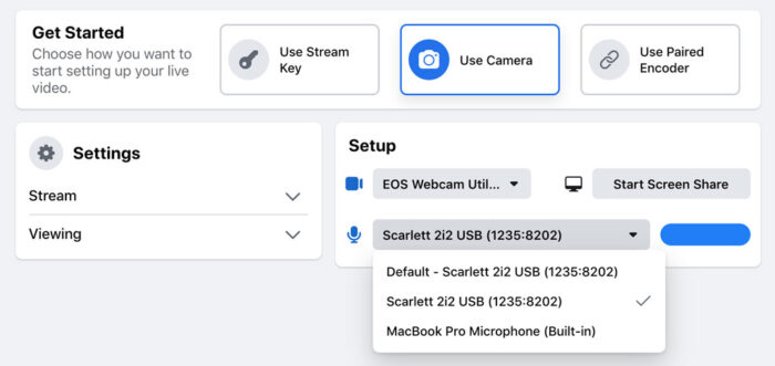 screenshot of facebook live audio settings