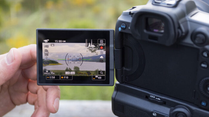 close-up on the LCD screen of the Canon R5, while recording video