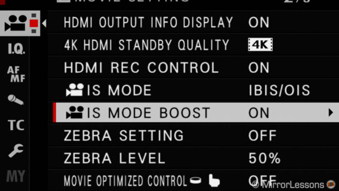 XT4 menu with ibis settings for video