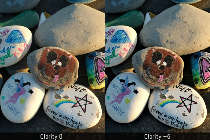 side by side image of painted stones showing the difference between the clarity setting set at 0 and +5