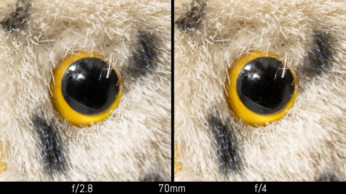 centre crop at f2.8 and f4 at 70mm and minimum focus distance