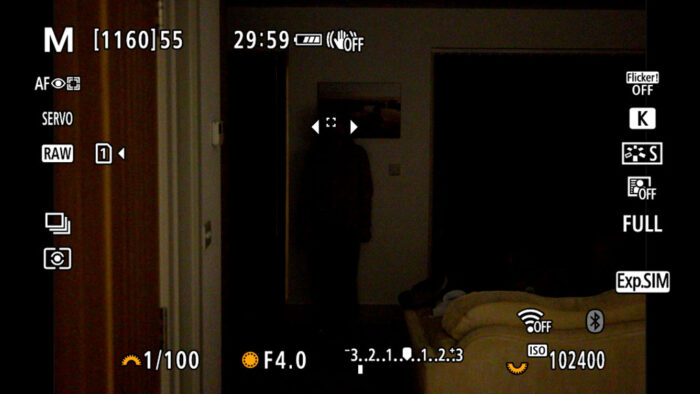 screenshot of the canon eos r6 live view that shows that the camera found the eye of the person despite being in complete darkness in the background