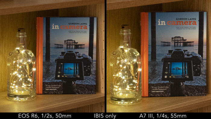 side by side crop showing the quality of the photos taken hand-held at 1/2s for the R6 and 1/4s for the A7 III, using the ibis only.