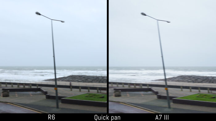side by side shot of a lamp post taken with the EOS R6 and A7 III while panning quickly to show how much distortion there is when using the electronic shutter