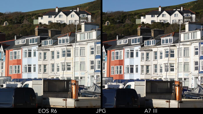 centre crop of the reference image showing the EOS R6 and A7 III side by side to evaluate sharpness