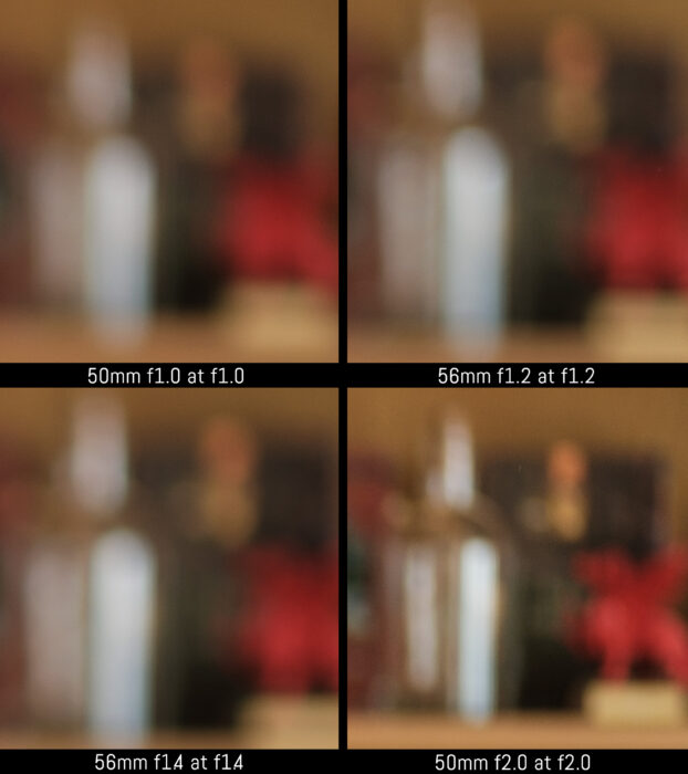 crop of the four images to show the difference in the out of focus background