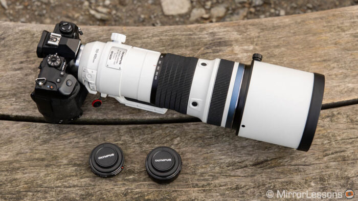 olympus 150-400mm pro attached to the E-M1X with hood on and MC-14, MC-20 converters on the side