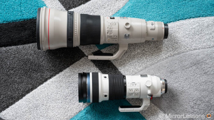 Canon 800mm next to the Olympus 150-400mm Pro, view from the side