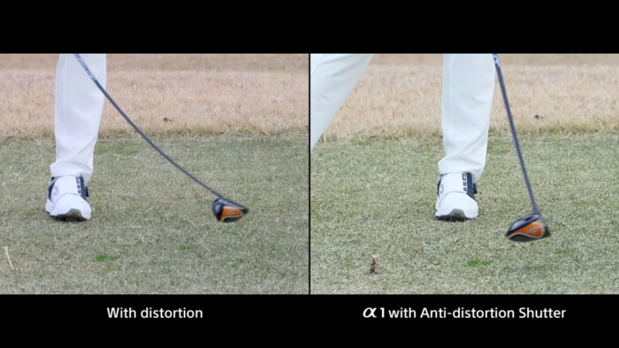 two images side by side comparing distortion with rolling shutter, and no distortion with the anti-distortion shutter of the A1, using a golf action as example