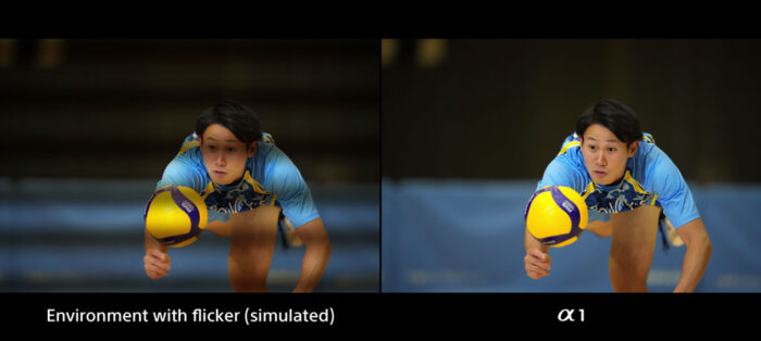 two images side by side comparing the scene with and without flickering, using a volleyball action scene indoor as example