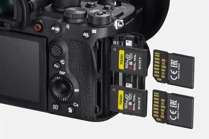 close-up on the sony a1 and the compatible memory cards