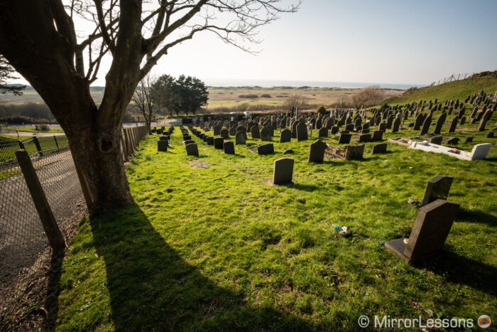 view on a cemetery on a hill, with a large tree on the left and the sea in the background