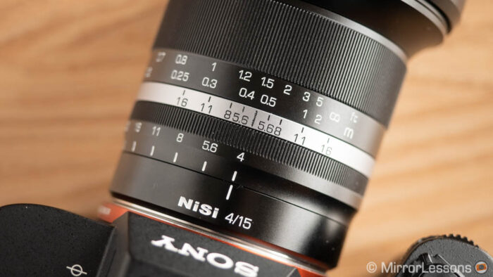 close-up on the Nisi 15mm aperture and focus rings