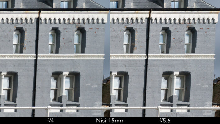 side by side corner crop of the previous image taken with the Nisi lens showcasing the sharpness at f4 and f5.6