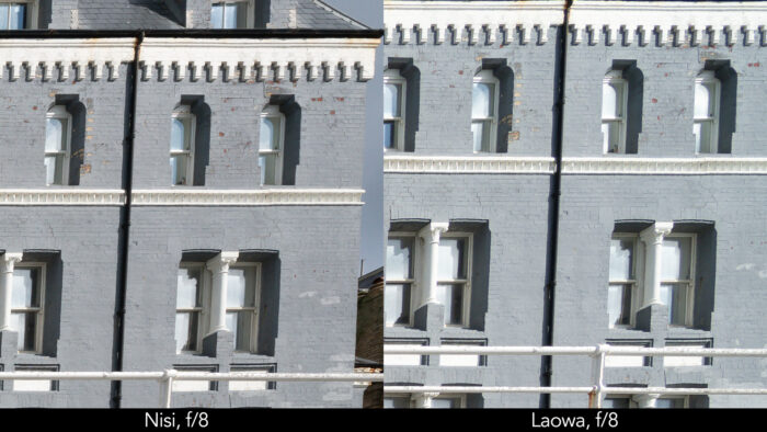 side by side corner crop of seaside buildings taken with the Nisi and Laowa lens showcasing the sharpness at f8