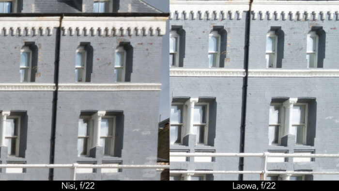 side by side corner crop of seaside buildings taken with the Nisi and Laowa lens showcasing the sharpness at f22
