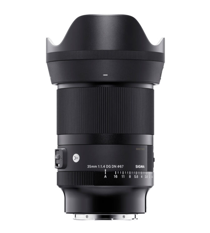 sigma 35mm 1.4 DG DN with hood on white background