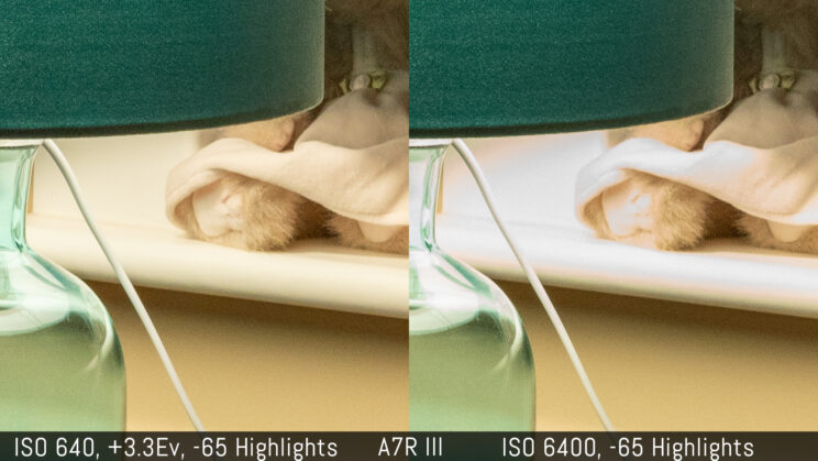 side by side crop showing the quality of the A7R III at ISO 6400 and ISO 640 with -65% highlights recovery in post