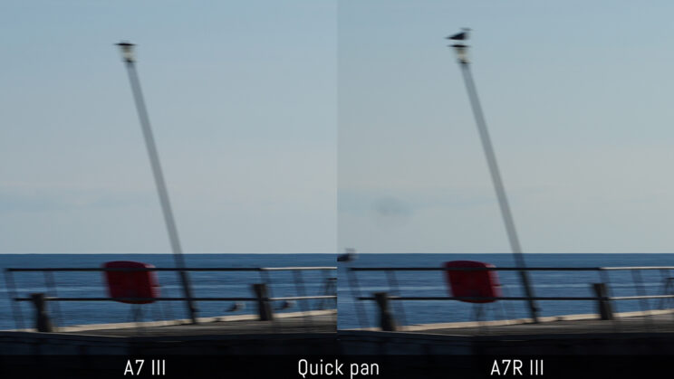 side by side image of a street lamp taken with the A7 III and A7R III while panning quickly to see the amount of rolling shutter