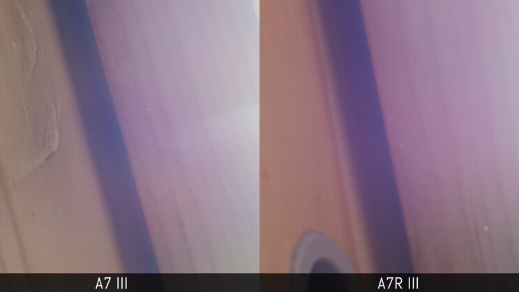 side by side crop of the roof window taken with the A7 III and A7R III to show the sensor flare
