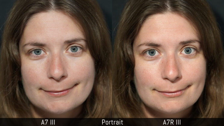 side by side portrait of a woman taken with the A7 III and A7R III to show the skin tone rendering