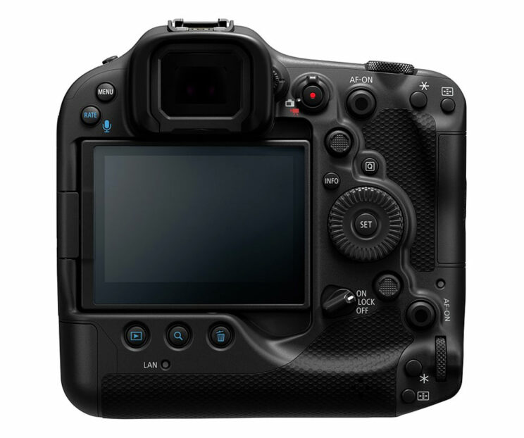 rear view of the Canon EOS R3 on white background