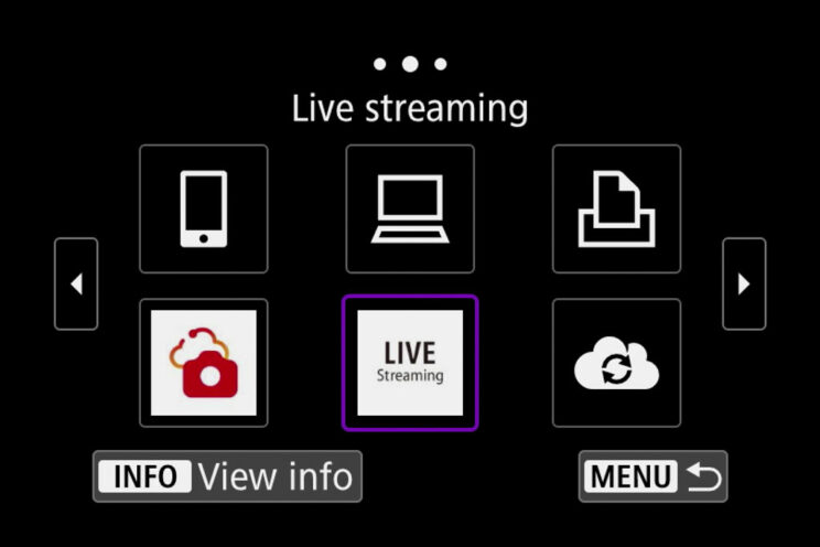 screenshot of the M50 II menu showing the live streaming option