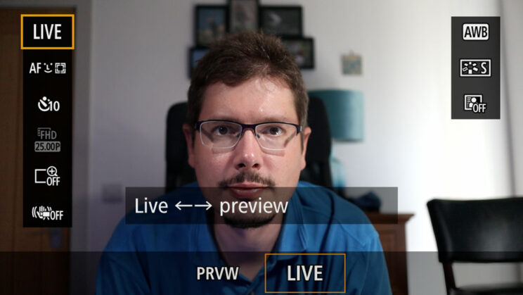 screenshot of the M50 II live view showing the quick menu with the Preview or Live setting