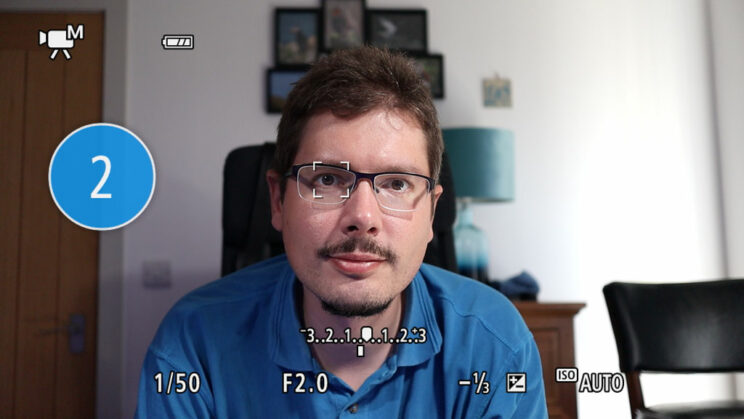 screenshot of the M50 II live view showing the movie self-timer
