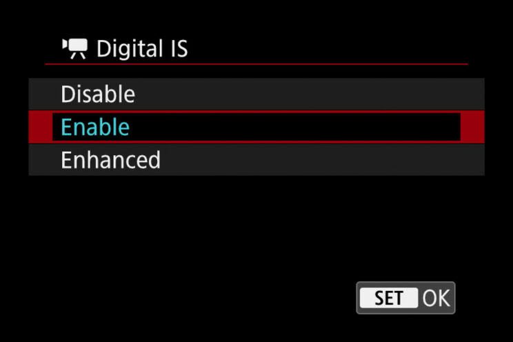 screenshot of the Canon M50 menu showing the Digital IS setting