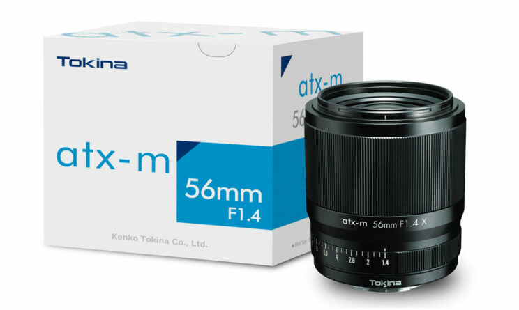Tokina 56mm F1.4 for Fuji X next to its packaging box, on white background