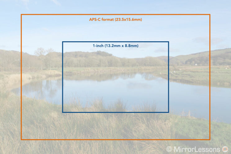 graphic showing the difference in size between aps-c and 1 inch format