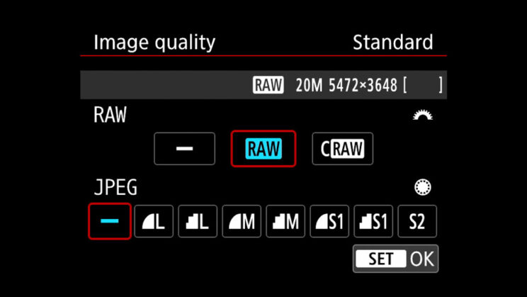 canon menu showing the RAW and JPG settings